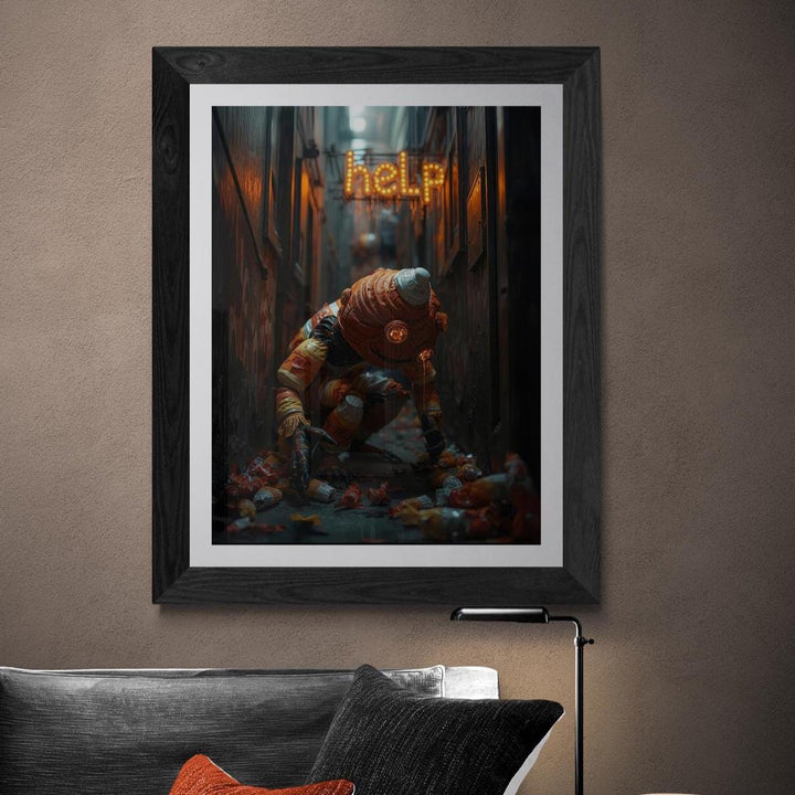 “Weirdcore Halloween poster of a stitched candy corn man kneeling in a neon-lit alley picking up candy wrappers, with a glowing ‘HELP’ sign in the background. Creepy, surreal wall art with bold colors and spooky urban atmosphere.”