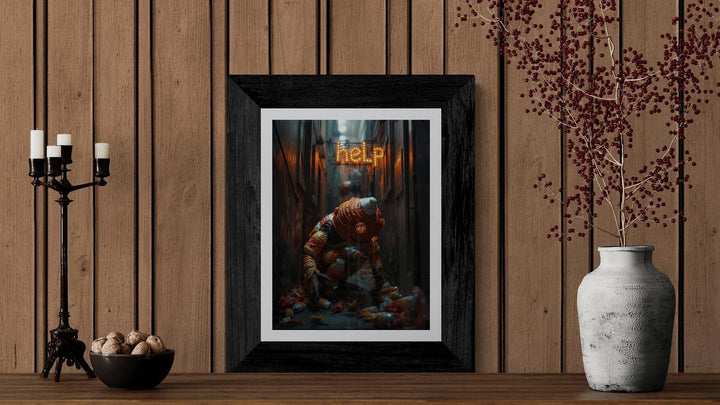 “Weirdcore Halloween poster of a stitched candy corn man kneeling in a neon-lit alley picking up candy wrappers, with a glowing ‘HELP’ sign in the background. Creepy, surreal wall art with bold colors and spooky urban atmosphere.”