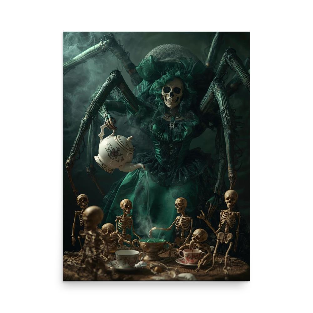 Weirdcore art print of a giant spider in a Victorian dress serving tea to tiny skeletons at a candlelit table. Creepy, gothic, surreal poster with rich colors and haunting atmosphere.