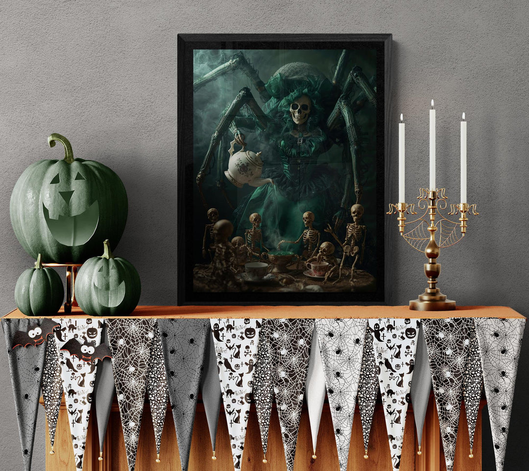 Weirdcore art print of a giant spider in a Victorian dress serving tea to tiny skeletons at a candlelit table. Creepy, gothic, surreal poster with rich colors and haunting atmosphere.