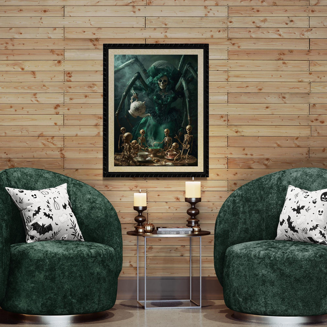 Weirdcore art print of a giant spider in a Victorian dress serving tea to tiny skeletons at a candlelit table. Creepy, gothic, surreal poster with rich colors and haunting atmosphere.