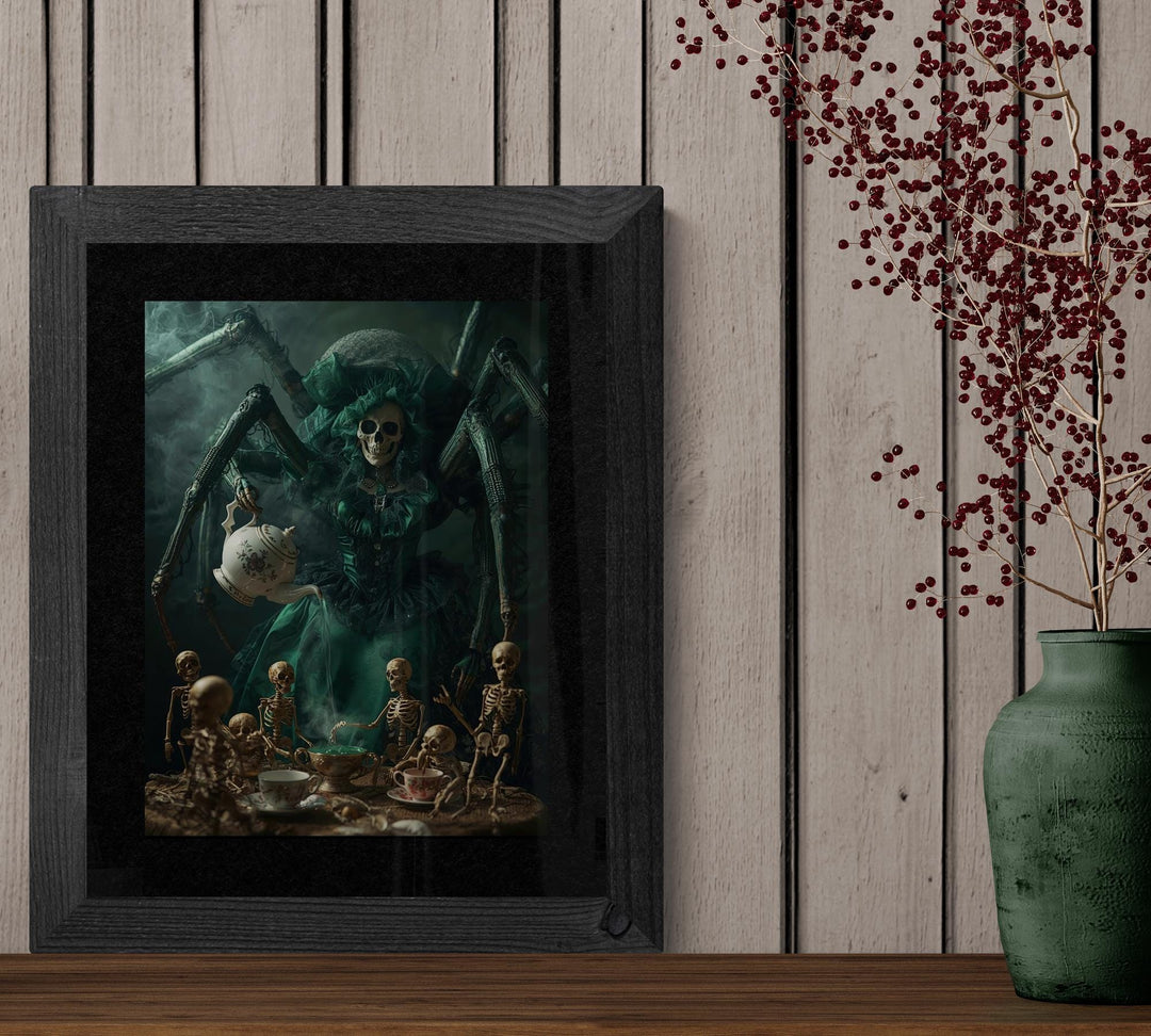 Weirdcore art print of a giant spider in a Victorian dress serving tea to tiny skeletons at a candlelit table. Creepy, gothic, surreal poster with rich colors and haunting atmosphere.