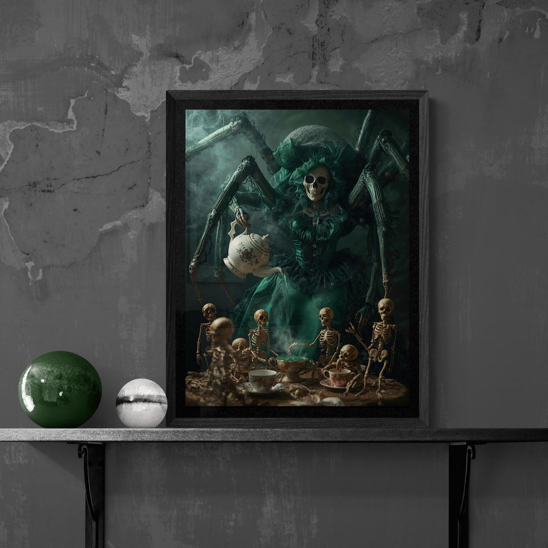 Weirdcore art print of a giant spider in a Victorian dress serving tea to tiny skeletons at a candlelit table. Creepy, gothic, surreal poster with rich colors and haunting atmosphere.