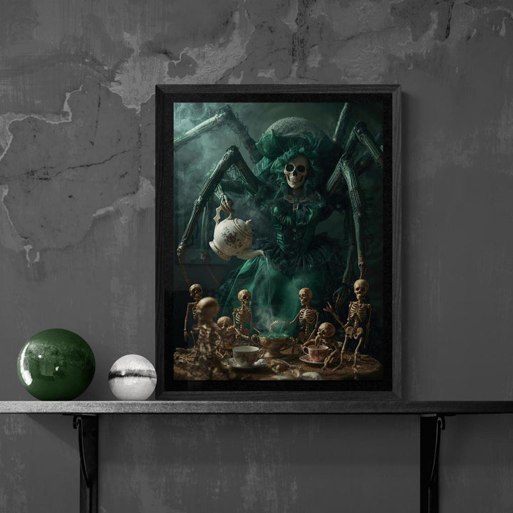 Weirdcore art print of a giant spider in a Victorian dress serving tea to tiny skeletons at a candlelit table. Creepy, gothic, surreal poster with rich colors and haunting atmosphere.