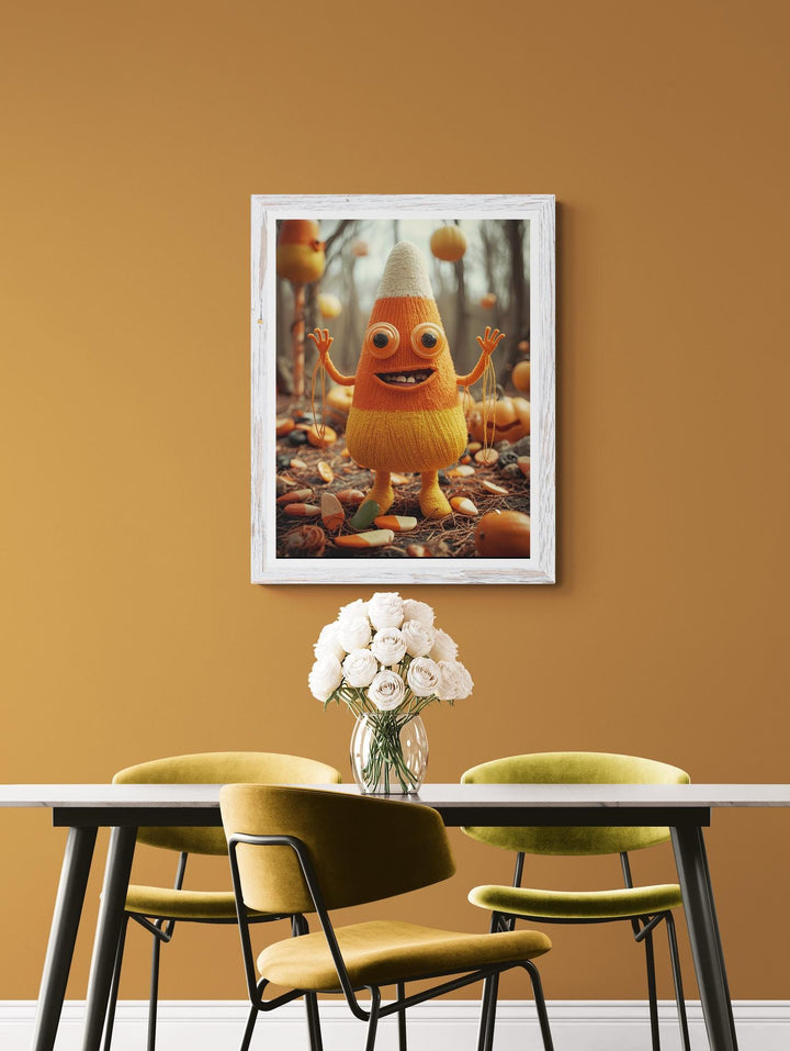 Illustration of a crocheted candy corn creature standing in a dimly lit field, with button eyes, dangling thread arms, and discarded candy scattered on the ground. Weirdcore, creepy-cute Halloween artwork with eerie atmosphere and detailed textures.