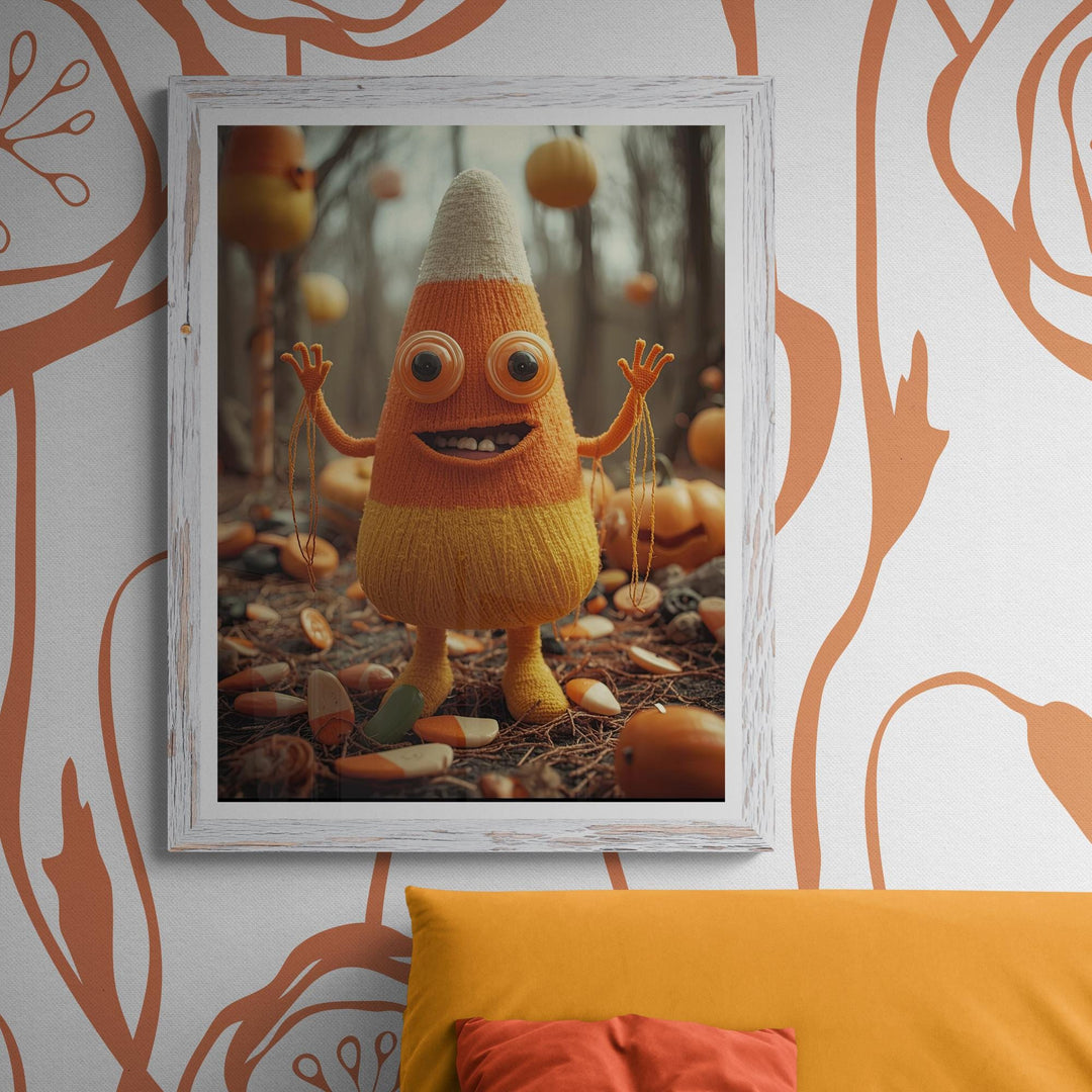 Illustration of a crocheted candy corn creature standing in a dimly lit field, with button eyes, dangling thread arms, and discarded candy scattered on the ground. Weirdcore, creepy-cute Halloween artwork with eerie atmosphere and detailed textures.