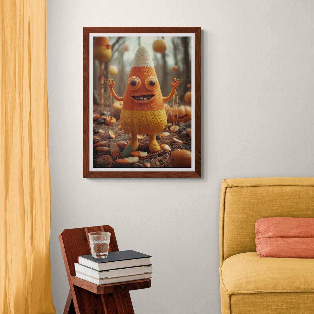 Illustration of a crocheted candy corn creature standing in a dimly lit field, with button eyes, dangling thread arms, and discarded candy scattered on the ground. Weirdcore, creepy-cute Halloween artwork with eerie atmosphere and detailed textures.