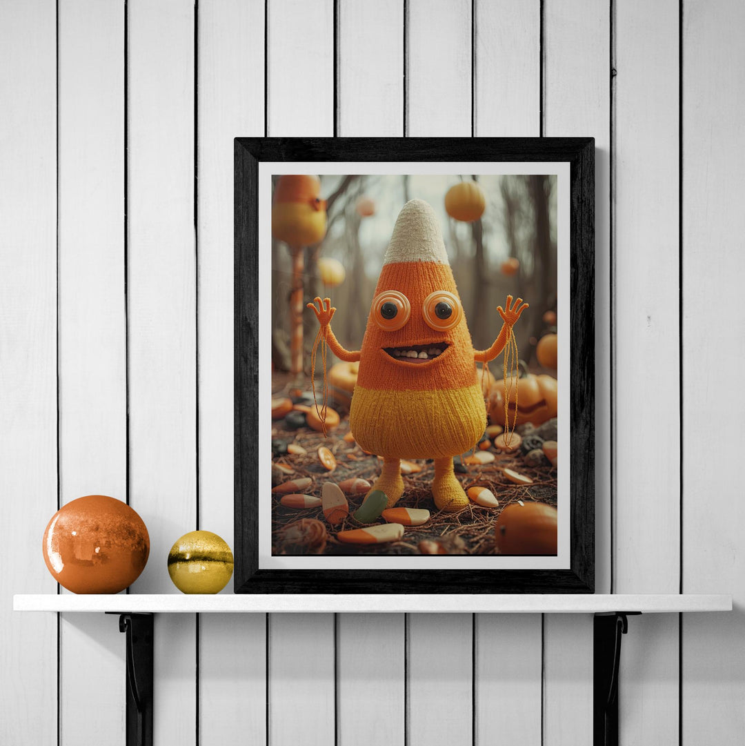 Illustration of a crocheted candy corn creature standing in a dimly lit field, with button eyes, dangling thread arms, and discarded candy scattered on the ground. Weirdcore, creepy-cute Halloween artwork with eerie atmosphere and detailed textures.