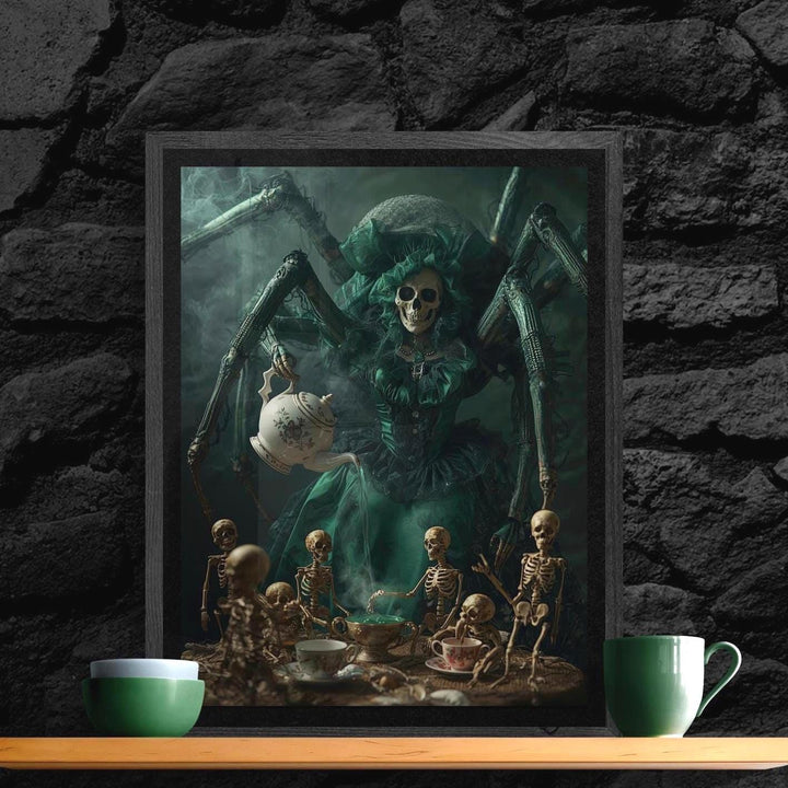 Weirdcore art print of a giant spider in a Victorian dress serving tea to tiny skeletons at a candlelit table. Creepy, gothic, surreal poster with rich colors and haunting atmosphere.