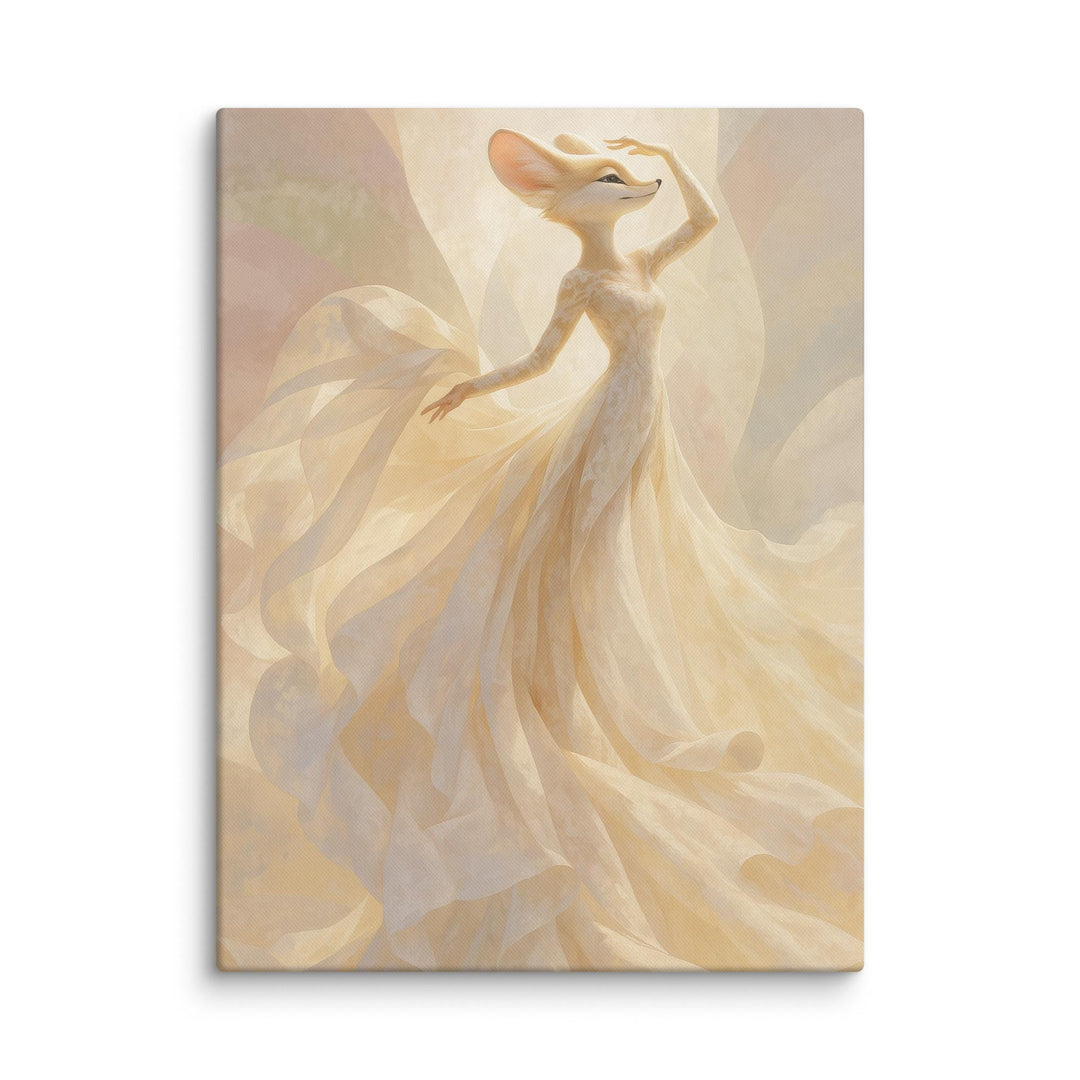 Canvas wall art print of a whimsical fox dancing in a flowing pink and peach dress, swirling with soft movement and grace. This fantasy animal artwork adds magical décor and playful elegance to any space. Gallery-wrapped and ready to hang, available in 16x20, 18x24, and 24x36 inches.