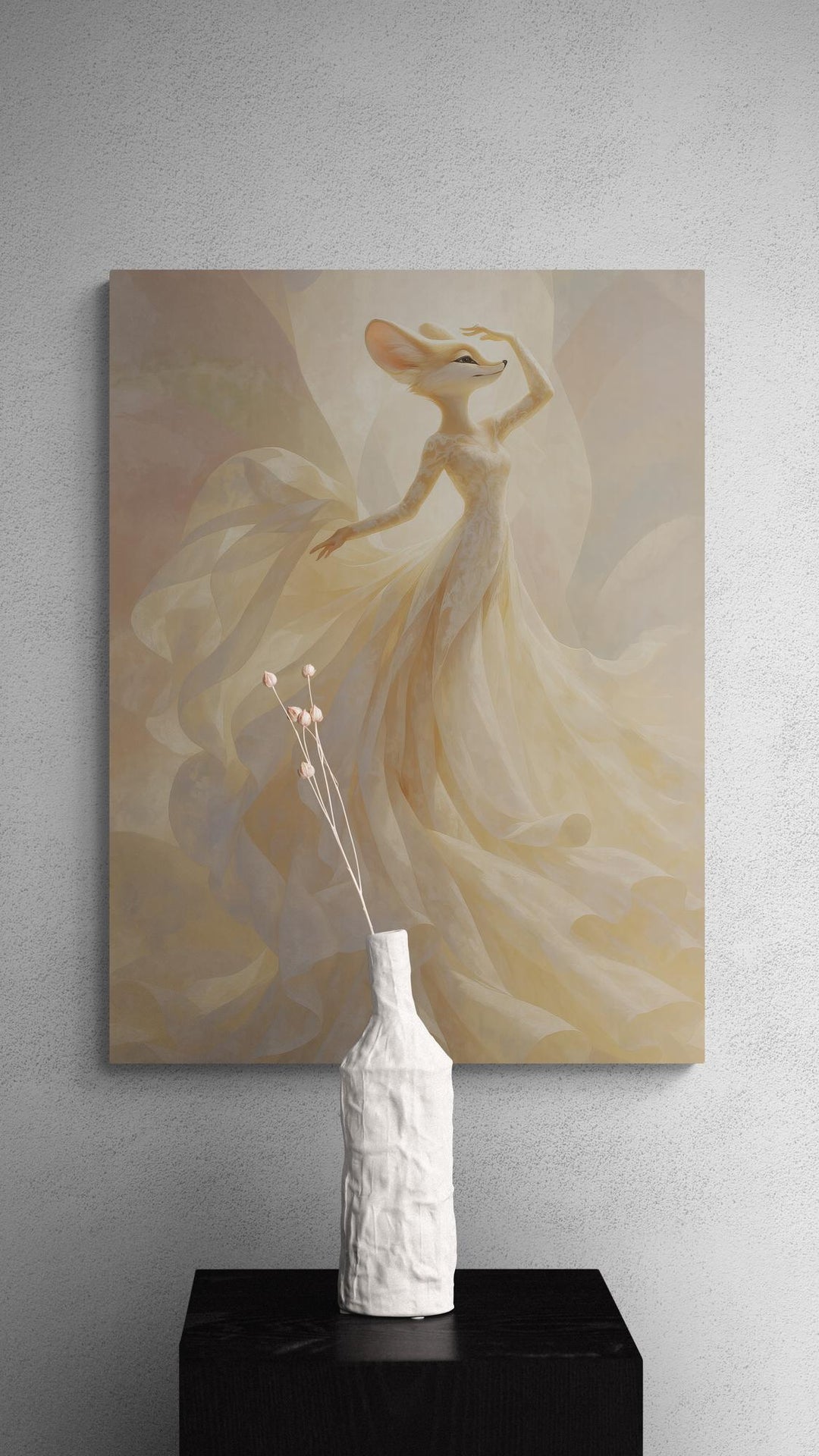 Canvas wall art print of a whimsical fox dancing in a flowing pink and peach dress, swirling with soft movement and grace. This fantasy animal artwork adds magical décor and playful elegance to any space. Gallery-wrapped and ready to hang, available in 16x20, 18x24, and 24x36 inches.