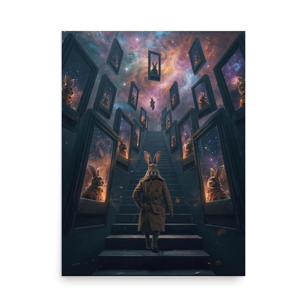 Anthropomorphic rabbit in a trench coat standing on an endless staircase in a surreal void. Floating mirrors hover around, each showing distorted reflections. Weirdcore dreamlike Halloween artwork with eerie atmosphere and liminal space aesthetic.