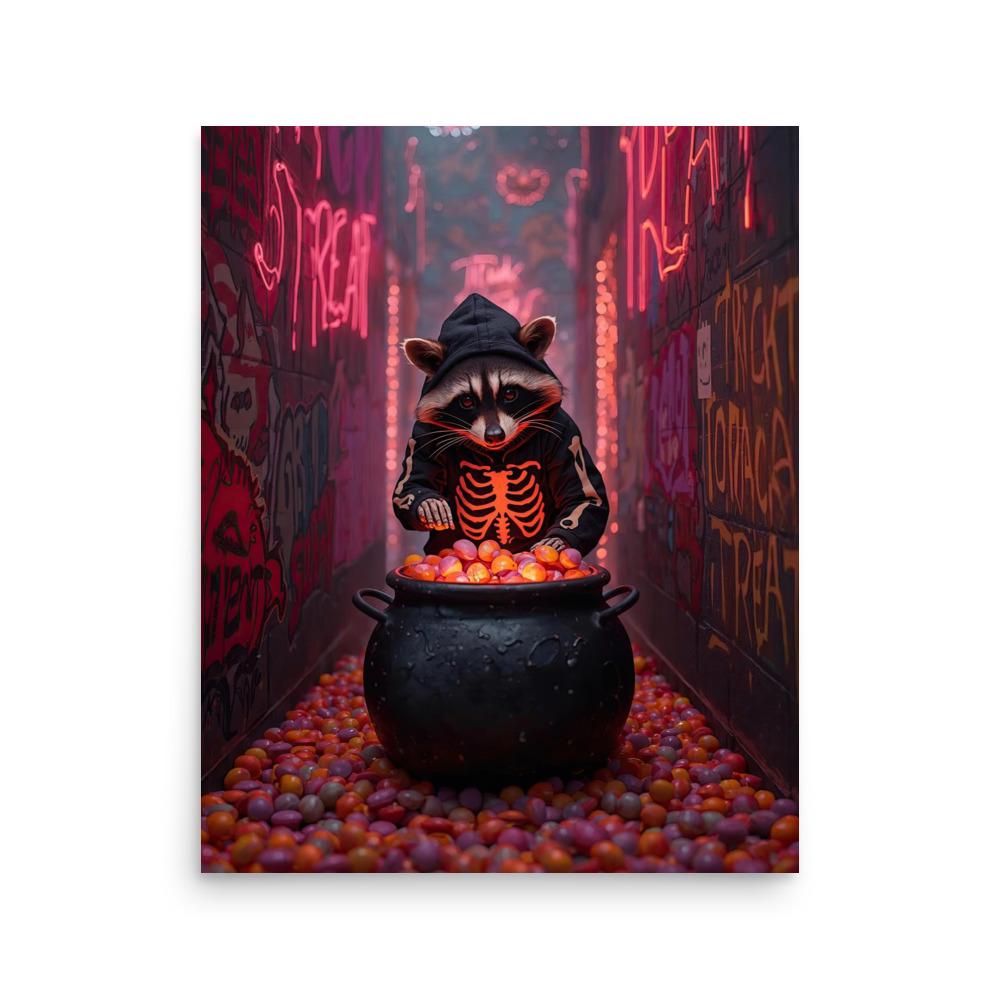 Raccoon in Skeleton Hoodie with Candy Cauldron standing in neon alleyway. Perfect for weirdcore halloween art fans.