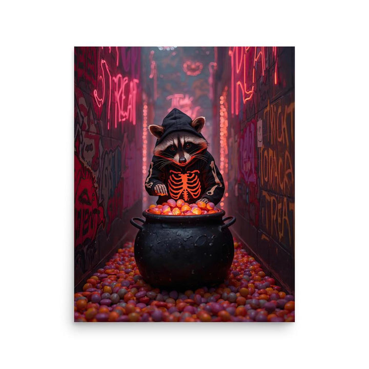 Raccoon in Skeleton Hoodie with Candy Cauldron standing in neon alleyway. Perfect for weirdcore halloween art fans.