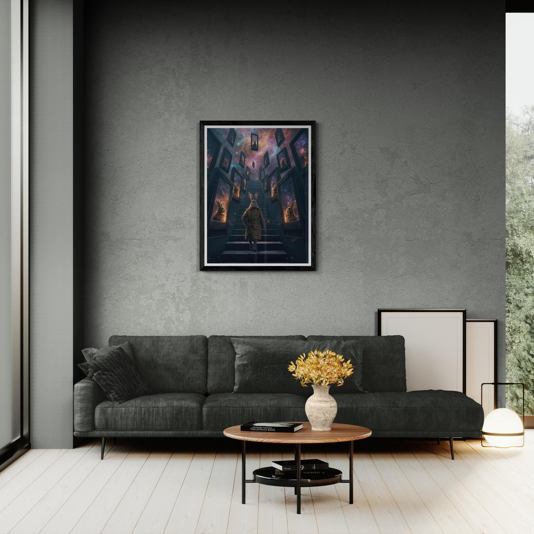 Anthropomorphic rabbit in a trench coat standing on an endless staircase in a surreal void. Floating mirrors hover around, each showing distorted reflections. Weirdcore dreamlike Halloween artwork with eerie atmosphere and liminal space aesthetic.