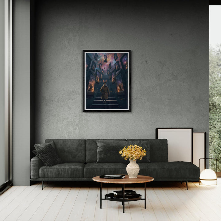 Anthropomorphic rabbit in a trench coat standing on an endless staircase in a surreal void. Floating mirrors hover around, each showing distorted reflections. Weirdcore dreamlike Halloween artwork with eerie atmosphere and liminal space aesthetic.