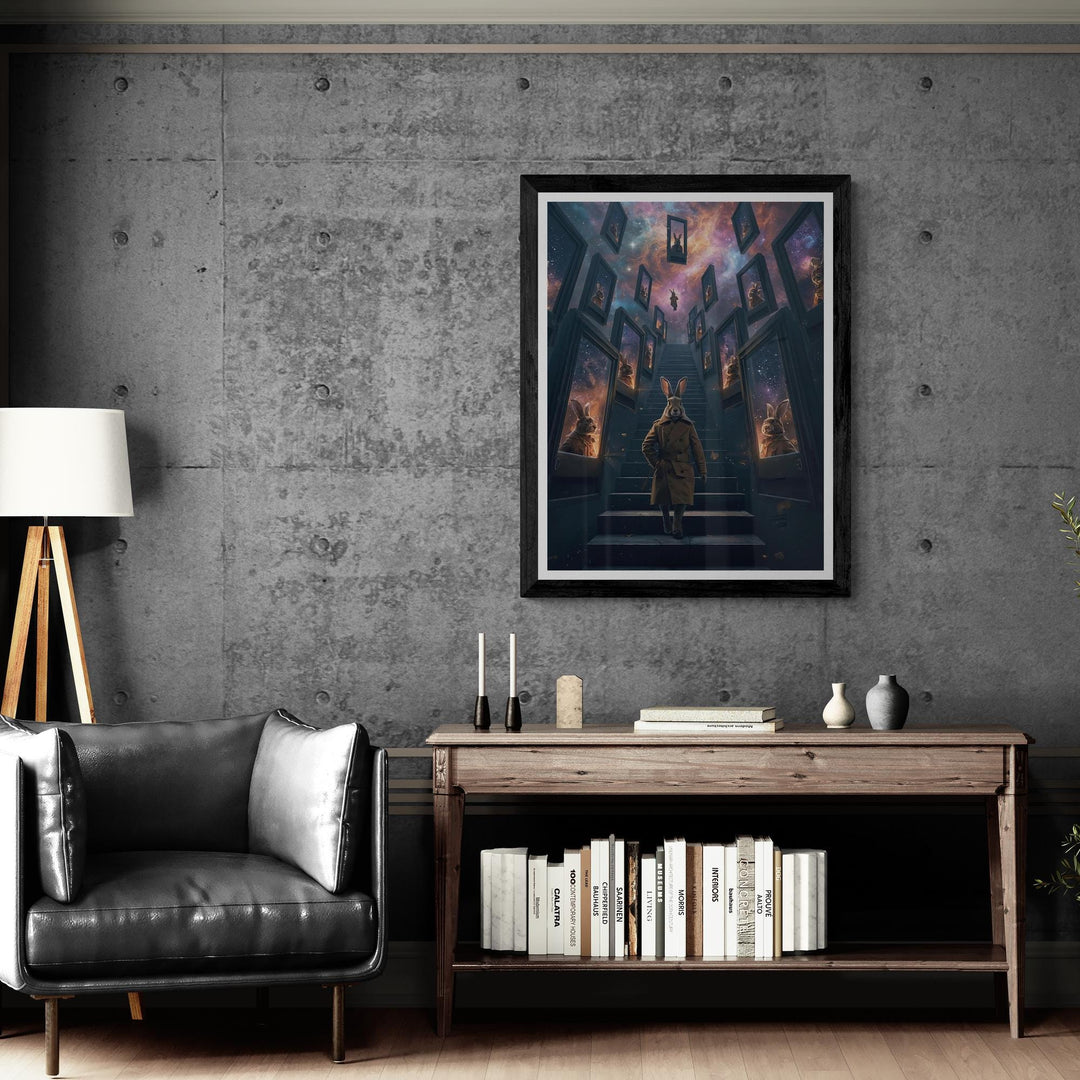 Anthropomorphic rabbit in a trench coat standing on an endless staircase in a surreal void. Floating mirrors hover around, each showing distorted reflections. Weirdcore dreamlike Halloween artwork with eerie atmosphere and liminal space aesthetic.
