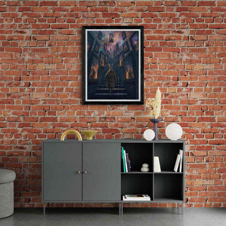 Anthropomorphic rabbit in a trench coat standing on an endless staircase in a surreal void. Floating mirrors hover around, each showing distorted reflections. Weirdcore dreamlike Halloween artwork with eerie atmosphere and liminal space aesthetic.