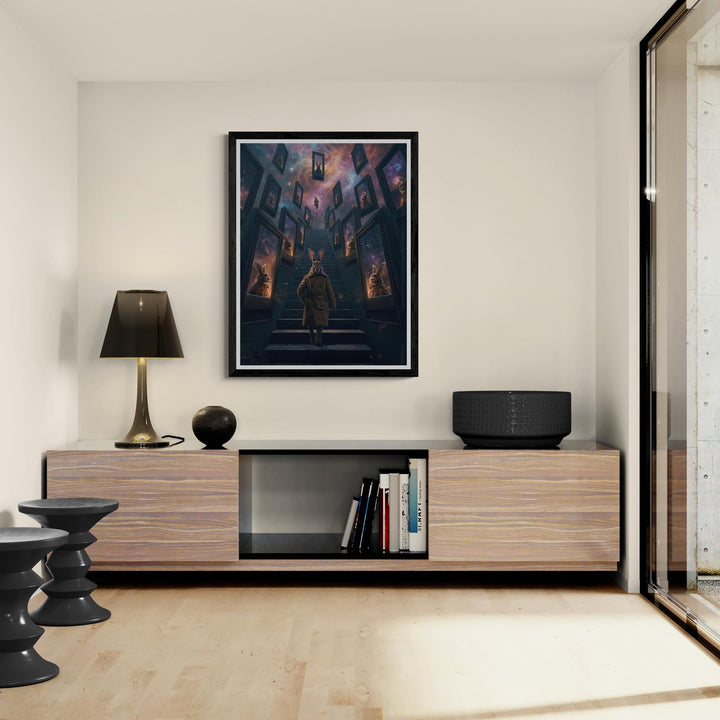 Anthropomorphic rabbit in a trench coat standing on an endless staircase in a surreal void. Floating mirrors hover around, each showing distorted reflections. Weirdcore dreamlike Halloween artwork with eerie atmosphere and liminal space aesthetic.