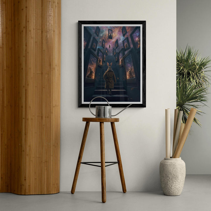 Anthropomorphic rabbit in a trench coat standing on an endless staircase in a surreal void. Floating mirrors hover around, each showing distorted reflections. Weirdcore dreamlike Halloween artwork with eerie atmosphere and liminal space aesthetic.