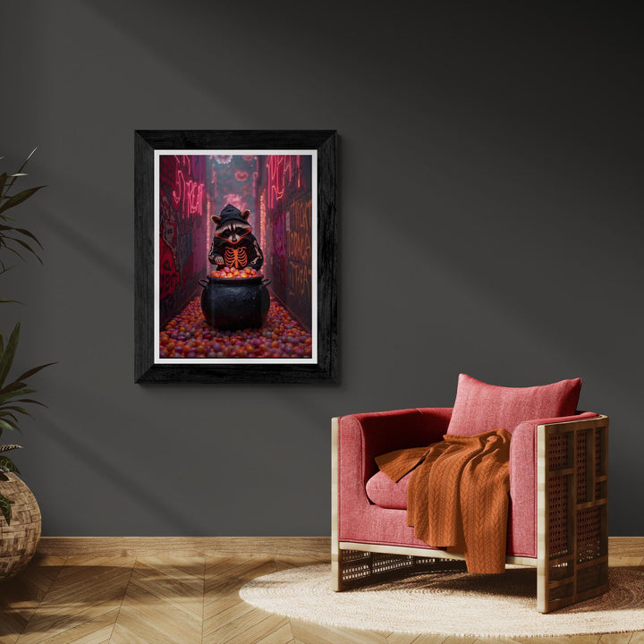 Raccoon in Skeleton Hoodie with Candy Cauldron standing in neon alleyway. Perfect for weirdcore halloween art fans.