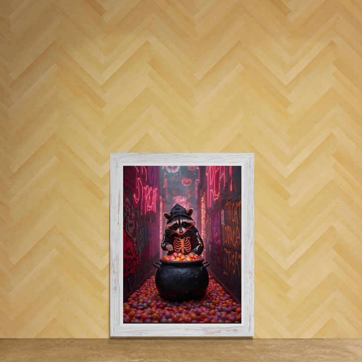 Raccoon in Skeleton Hoodie with Candy Cauldron standing in neon alleyway. Perfect for weirdcore halloween art fans.