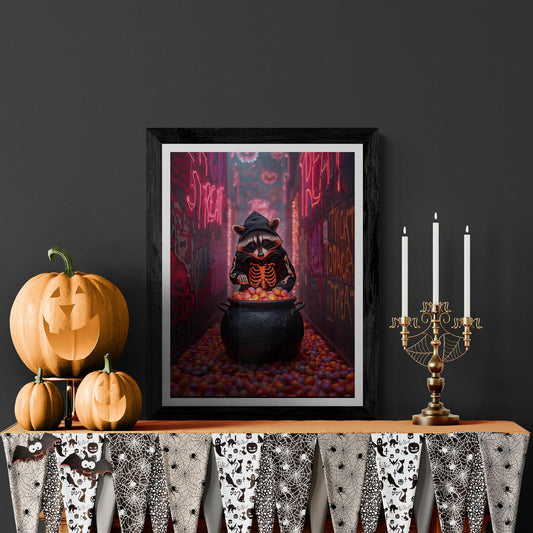 Raccoon in Skeleton Hoodie with Candy Cauldron standing in neon alleyway. Perfect for weirdcore halloween art fans.