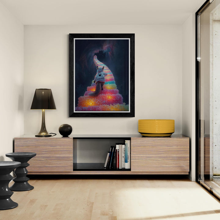 Weirdcore art poster of fox in a white ghost hoodie walking up glowing candy stairs into the starry night sky.