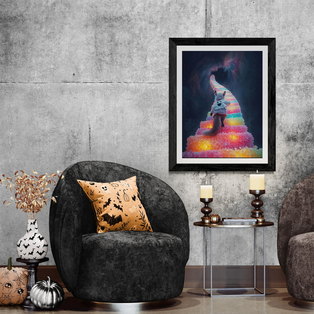 Weirdcore art poster of fox in a white ghost hoodie walking up glowing candy stairs into the starry night sky.