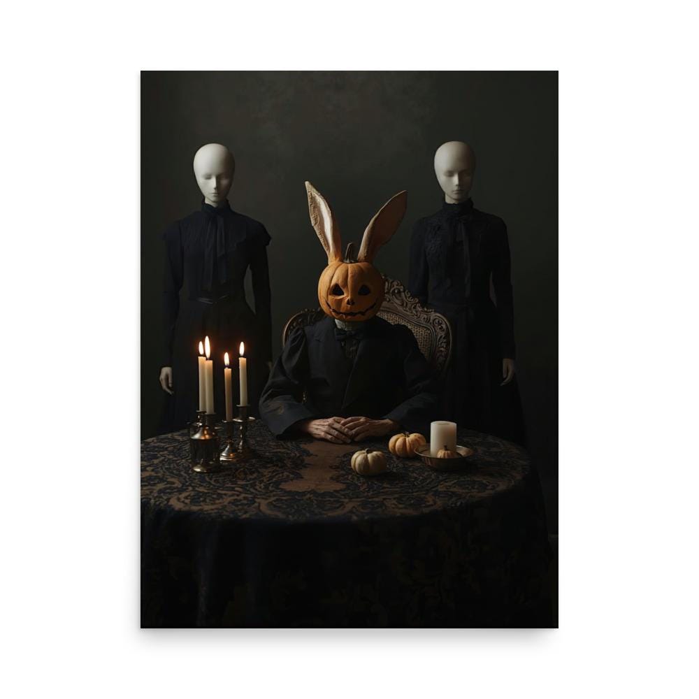 Weirdcore Halloween art poster featuring rabbit with pumpkin head and eerie mannequins.