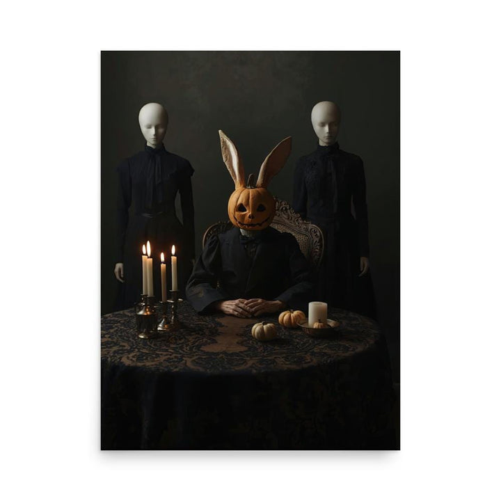 Weirdcore Halloween art poster featuring rabbit with pumpkin head and eerie mannequins.