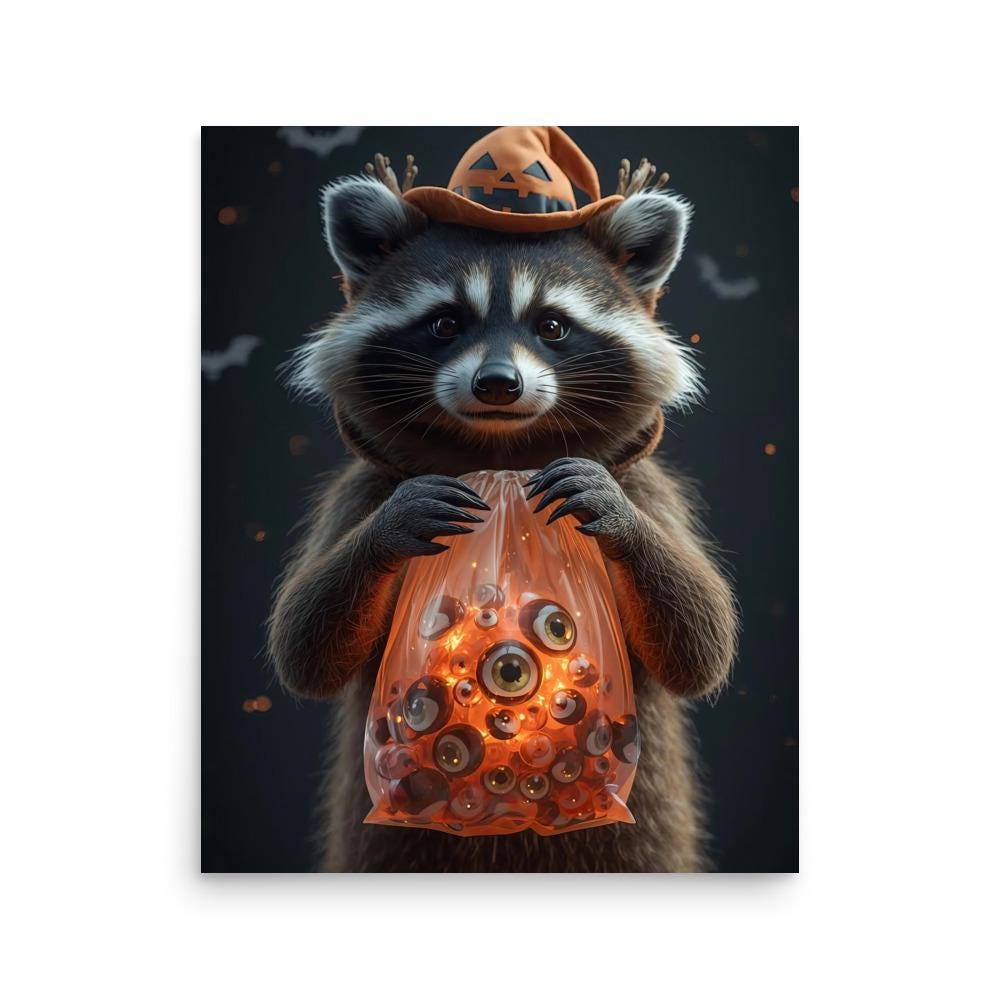 Close-up of raccoon’s face and hat with detailed eyeball bag glowing orange