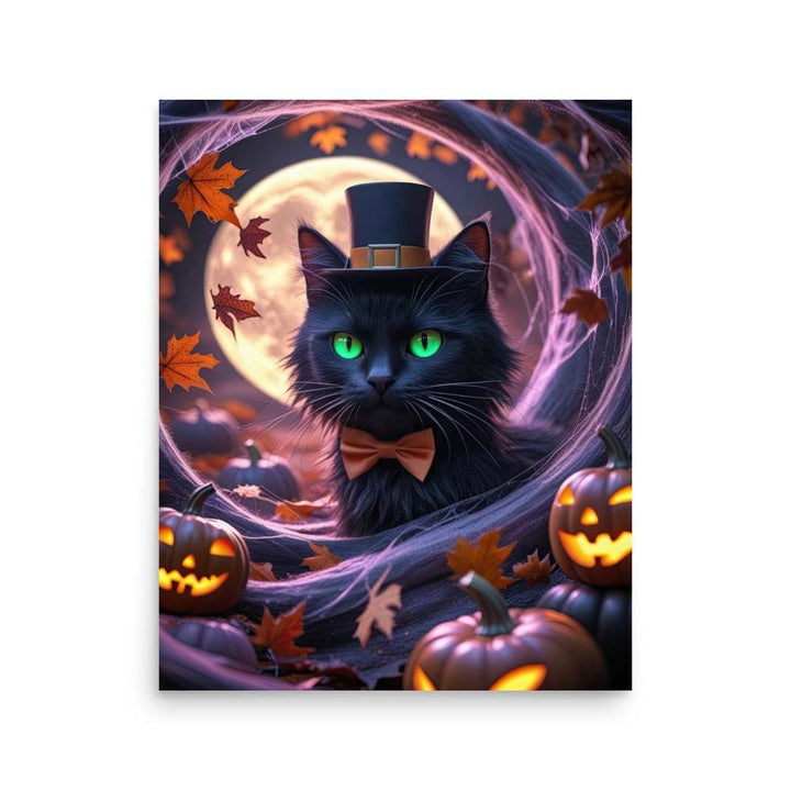 Surreal Halloween scene with black cat, jack-o’-lanterns, and autumn leaves in eerie tunnel