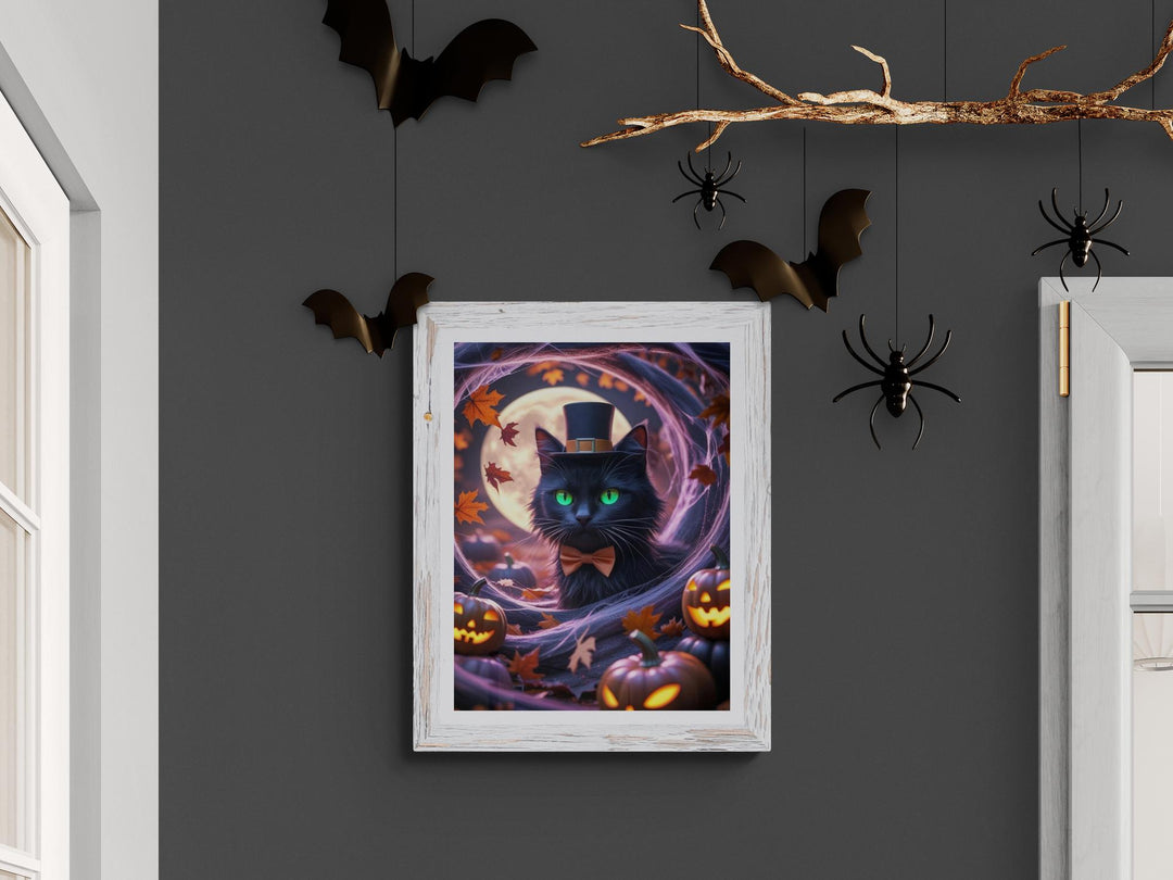 Surreal Halloween scene with black cat, jack-o’-lanterns, and autumn leaves in eerie tunnel