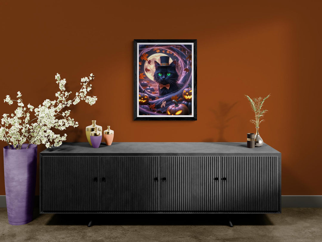 Surreal Halloween scene with black cat, jack-o’-lanterns, and autumn leaves in eerie tunnel