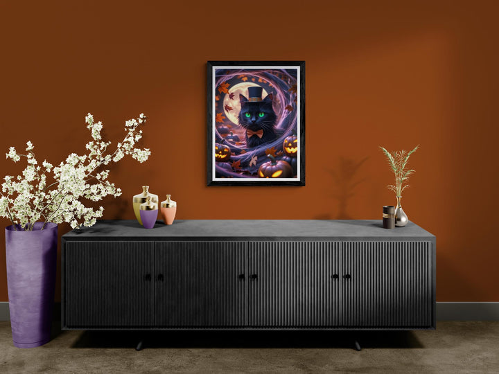 Surreal Halloween scene with black cat, jack-o’-lanterns, and autumn leaves in eerie tunnel