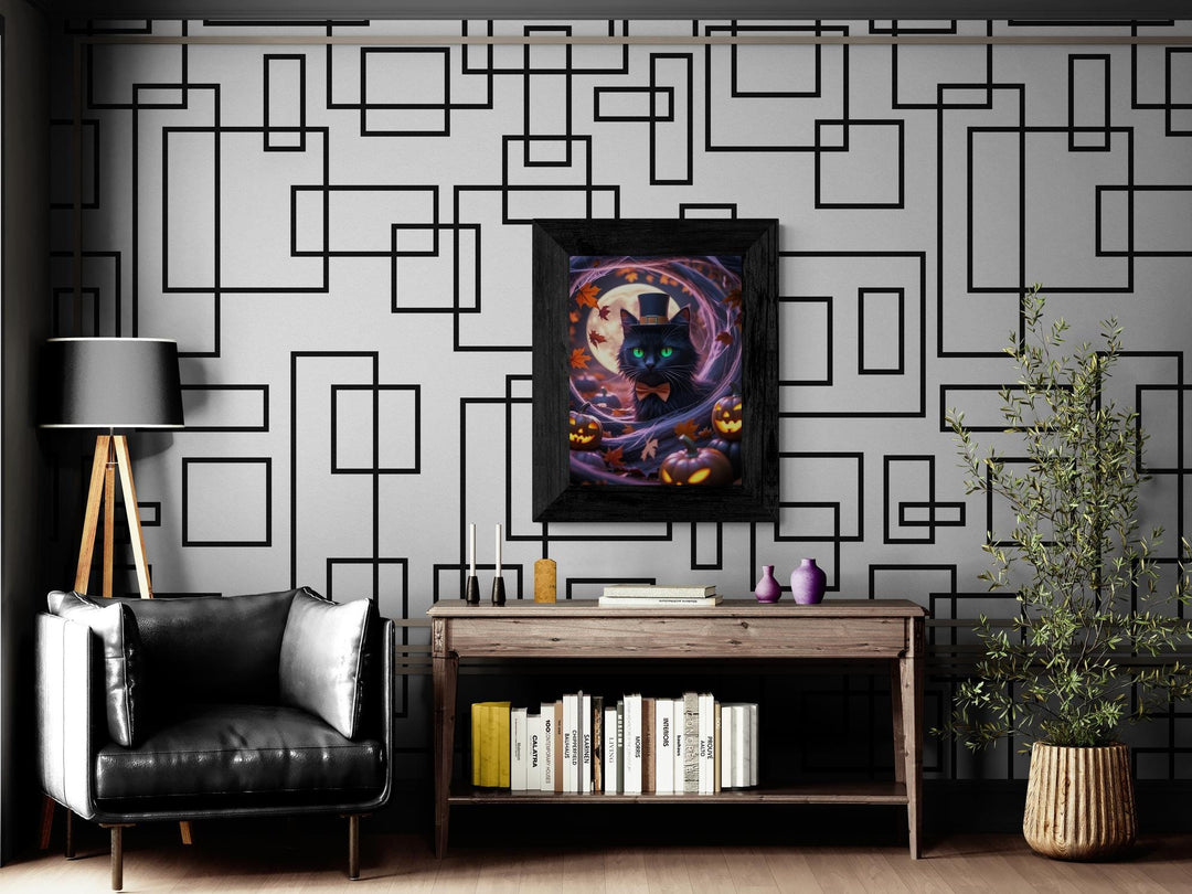 Surreal Halloween scene with black cat, jack-o’-lanterns, and autumn leaves in eerie tunnel