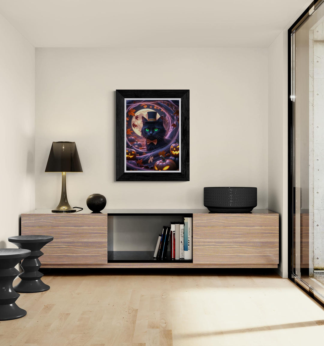 Surreal Halloween scene with black cat, jack-o’-lanterns, and autumn leaves in eerie tunnel