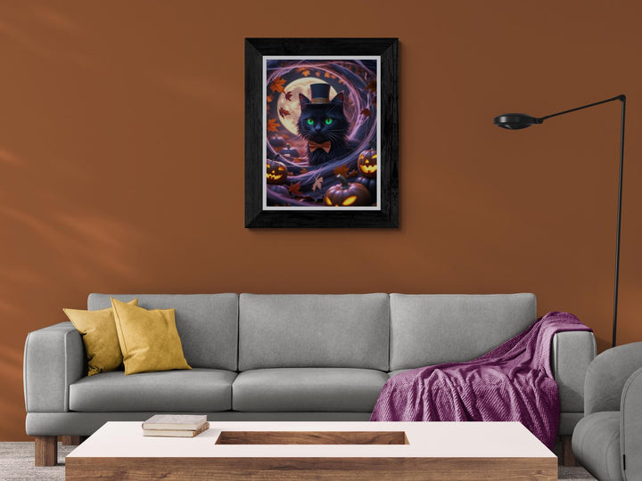 Surreal Halloween scene with black cat, jack-o’-lanterns, and autumn leaves in eerie tunnel