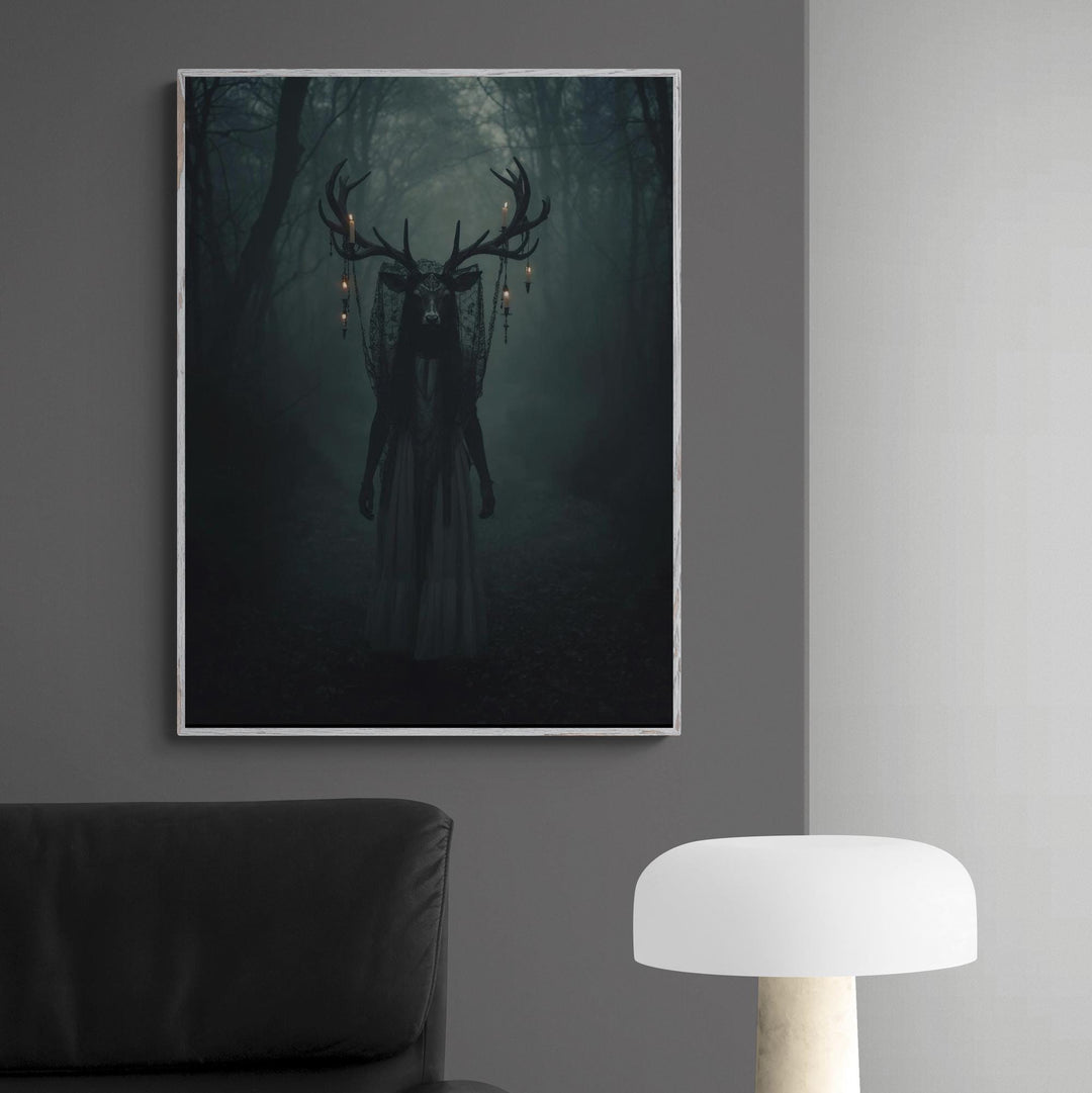 Canvas of ghostly deer woman in foggy woods with glowing antlers draped in lights