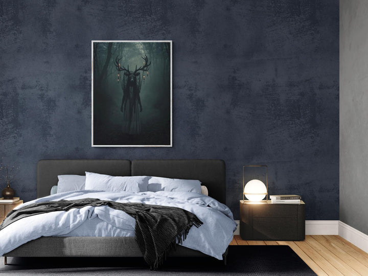 Canvas of ghostly deer woman in foggy woods with glowing antlers draped in lights