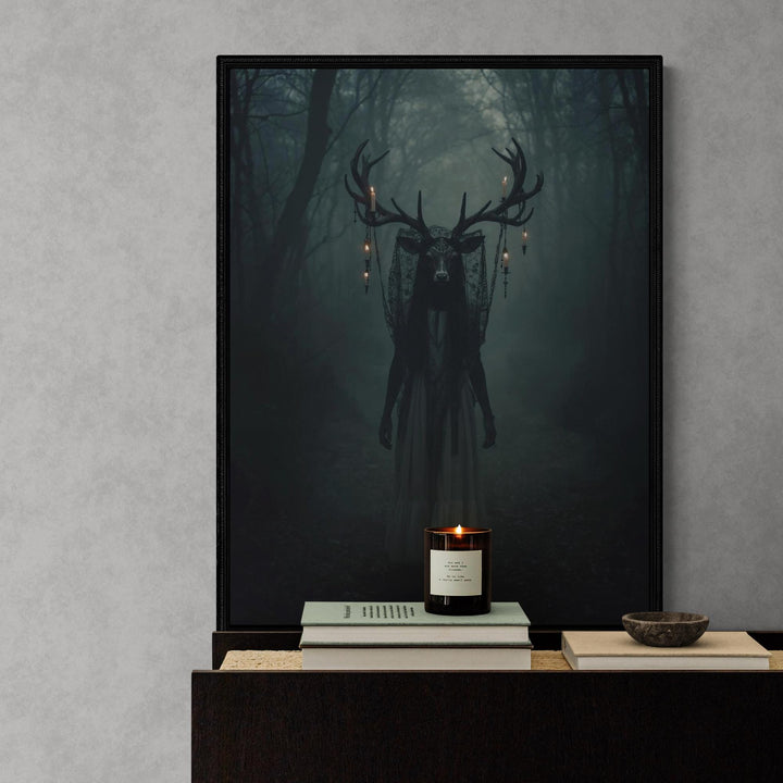 Canvas of ghostly deer woman in foggy woods with glowing antlers draped in lights