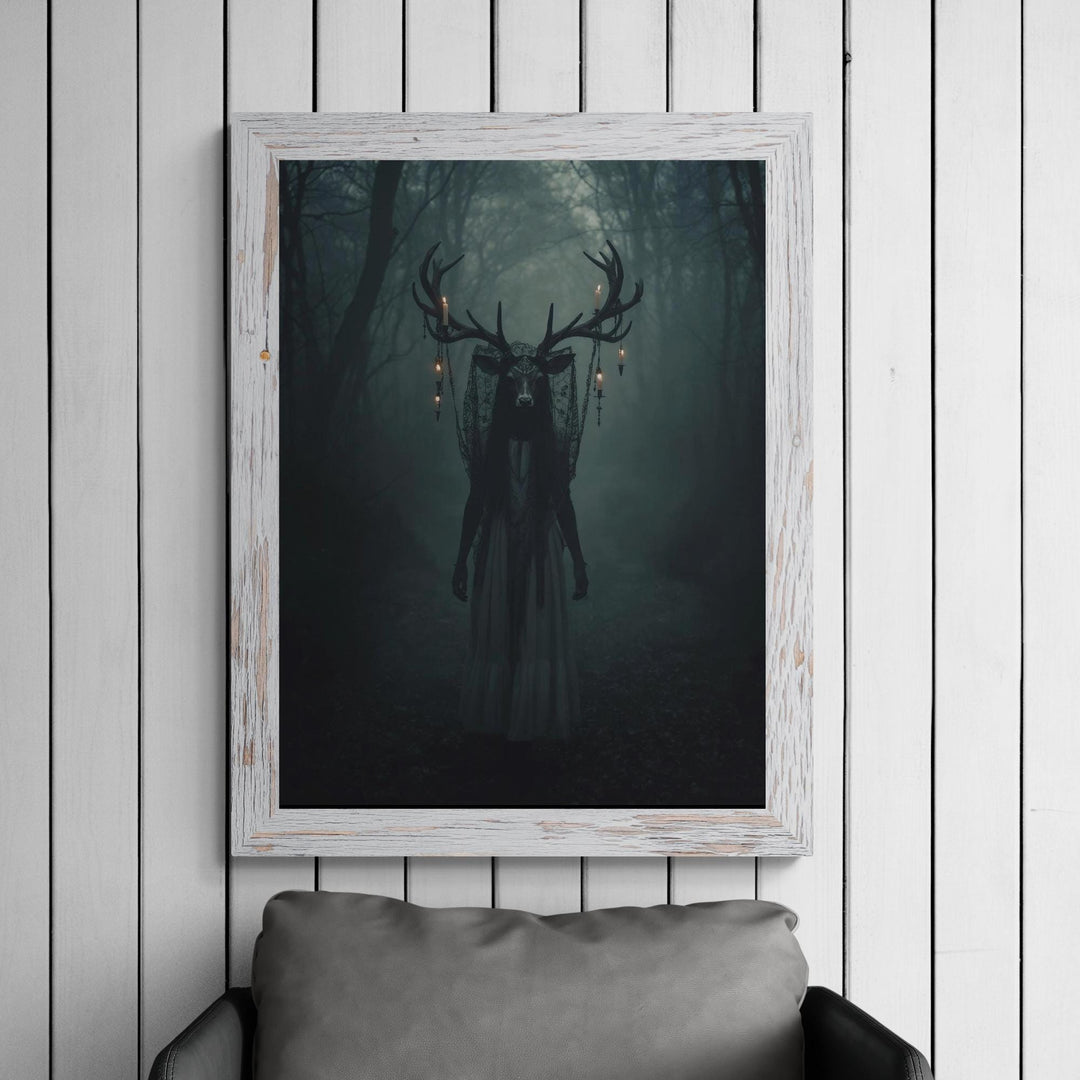 Canvas wall mockup of dreamcore deer woman in foggy woodland scene