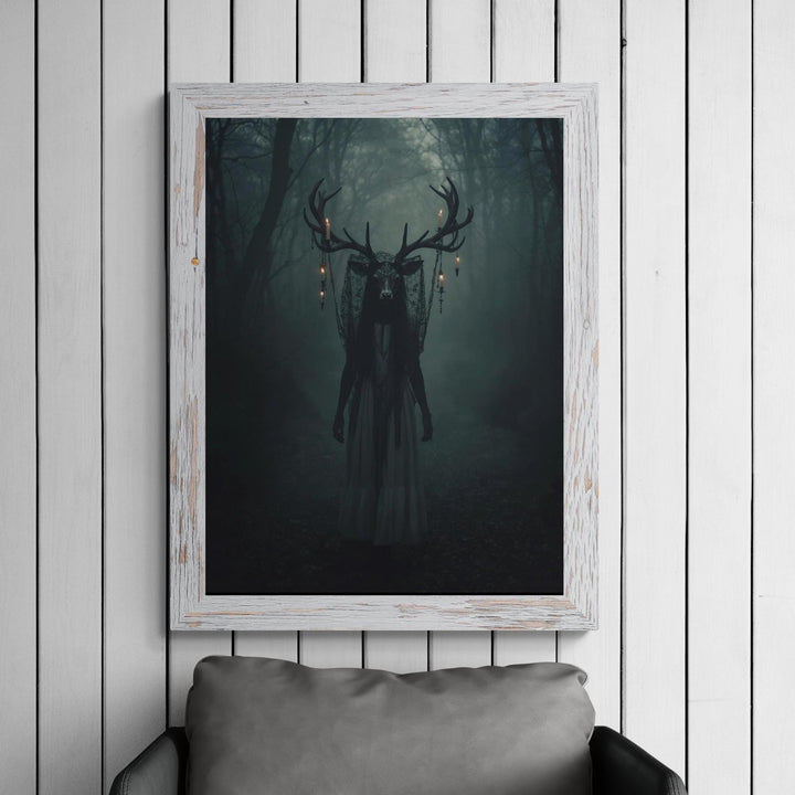 Canvas wall mockup of dreamcore deer woman in foggy woodland scene