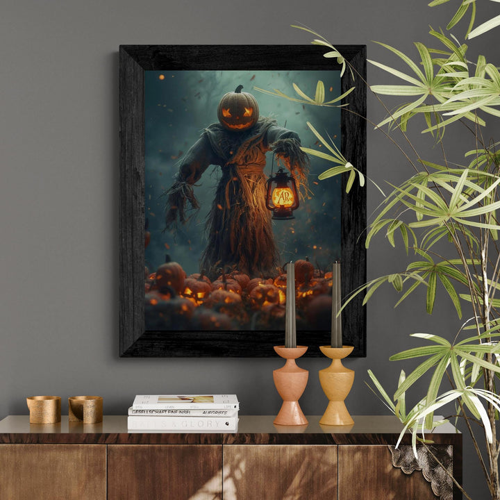 Creepy Halloween night scene with glowing pumpkin head scarecrow and lantern light