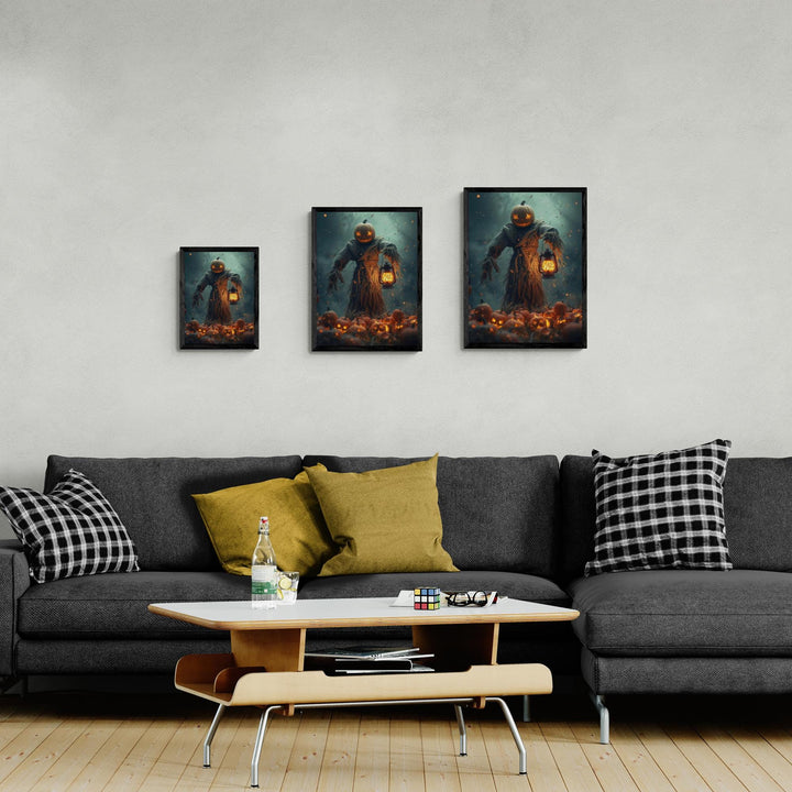 Creepy Halloween night scene with glowing pumpkin head scarecrow and lantern light