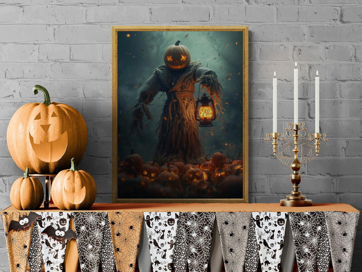 Creepy Halloween night scene with glowing pumpkin head scarecrow and lantern light