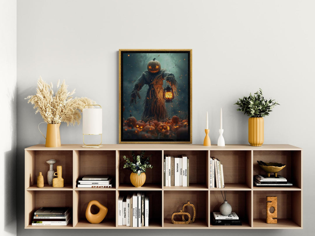 Framed wall mockup of scarecrow pumpkin head Halloween poster art