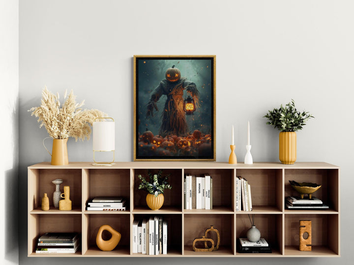 Framed wall mockup of scarecrow pumpkin head Halloween poster art
