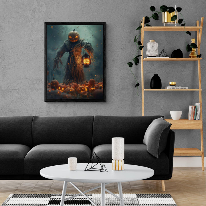 Poster of scarecrow pumpkin head holding lantern looming over jack-o’-lantern pumpkin patch in fog
